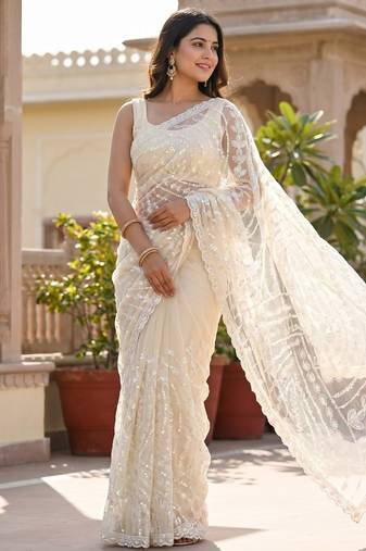 women's white net partywear saree with unstitched blouse