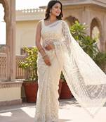 Women's white net partywear saree with unstitched blouse