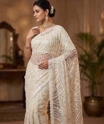 Women's white net partywear saree with unstitched blouse 2