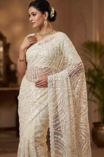 women's white net partywear saree with unstitched blouse