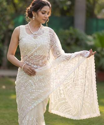 Women's white net partywear saree with unstitched blouse 3