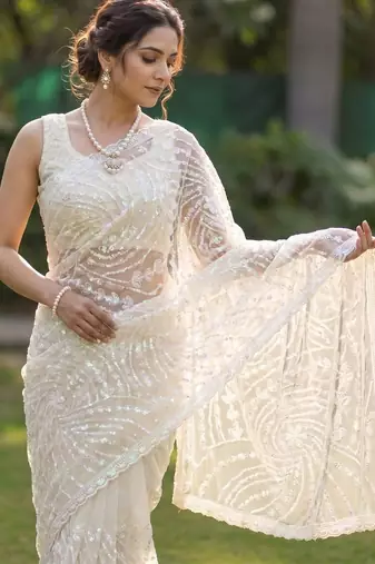 women's white net partywear saree with unstitched blouse