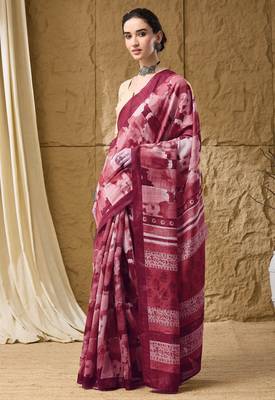 Red abstract print cotton silk regular saree 3
