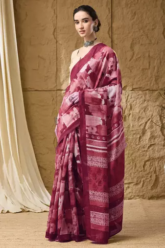 Red abstract print cotton silk regular saree