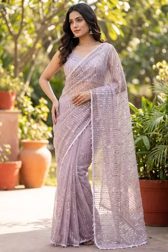 women's lavender net partywear saree with unstitched blouse