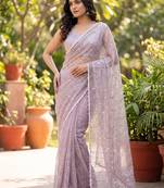 Women's lavender net partywear saree with unstitched blouse