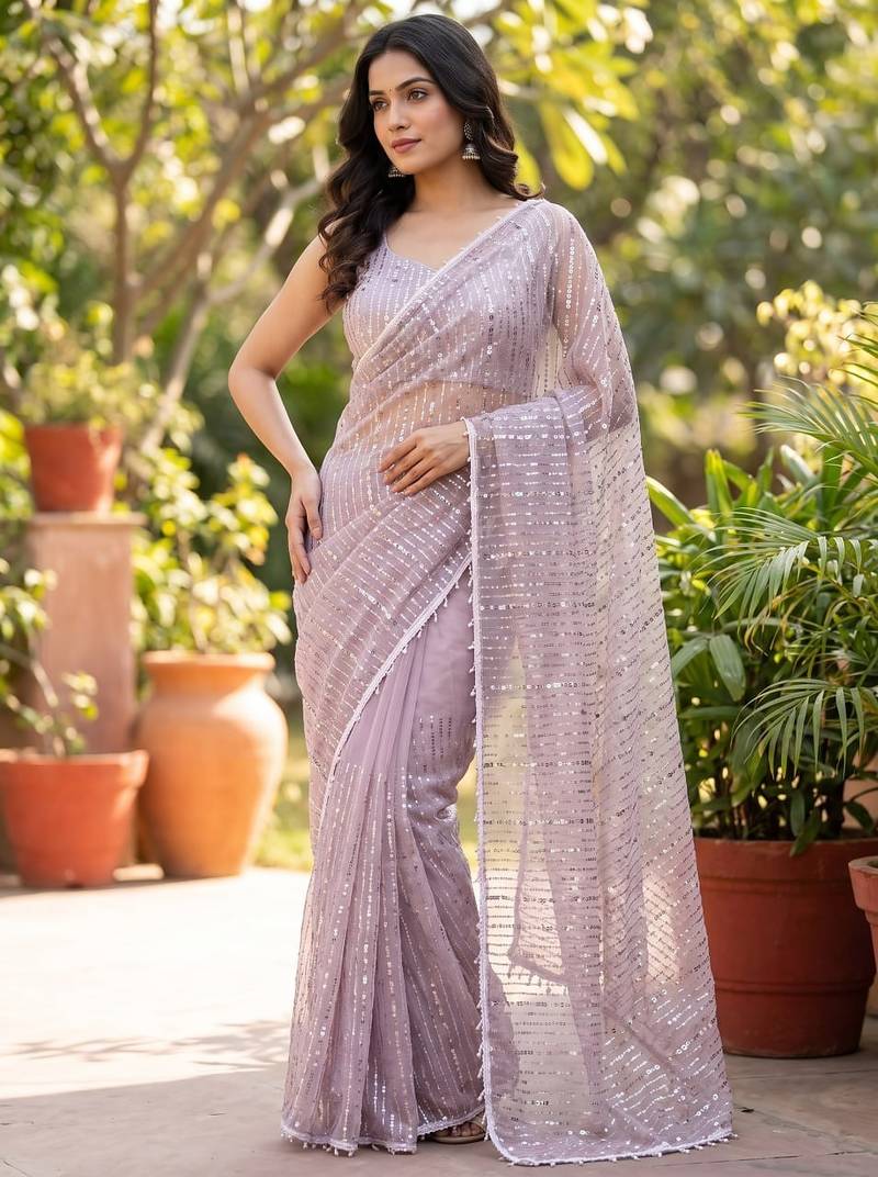 Women's lavender net partywear saree with unstitched blouse