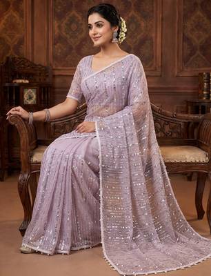 Women's lavender net partywear saree with unstitched blouse 2