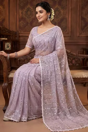 women's lavender net partywear saree with unstitched blouse