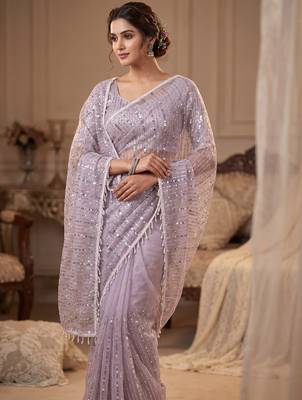 Women's lavender net partywear saree with unstitched blouse 3
