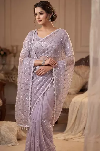women's lavender net partywear saree with unstitched blouse