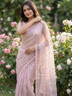 Women's pink net partywear saree with unstitched blouse 1