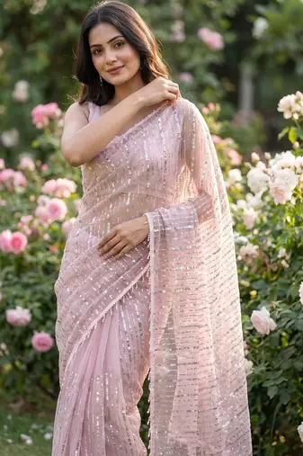 women's pink net partywear saree with unstitched blouse