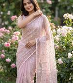 Women's pink net partywear saree with unstitched blouse