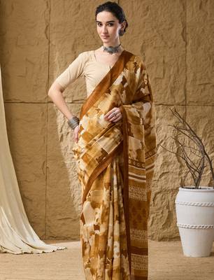 Mustard abstract print cotton silk regular saree 1
