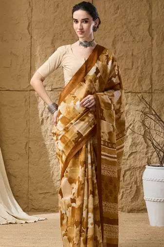 Mustard abstract print cotton silk regular saree