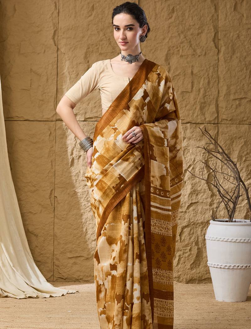 Mustard abstract print cotton silk regular saree