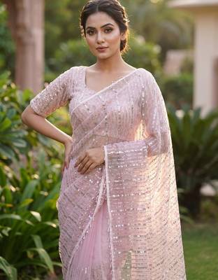 Women's pink net partywear saree with unstitched blouse 2