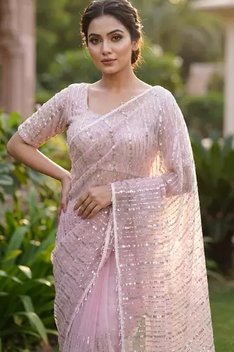 women's pink net partywear saree with unstitched blouse