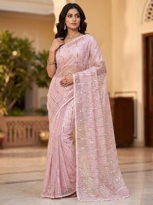 Women's pink net partywear saree with unstitched blouse 3