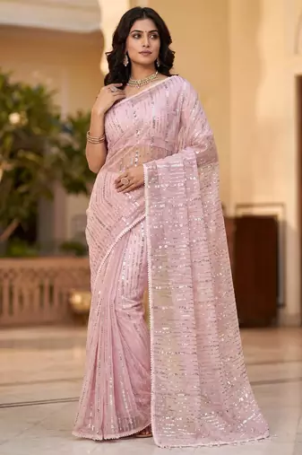 women's pink net partywear saree with unstitched blouse