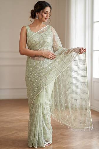 women's pistq net partywear saree with unstitched blouse