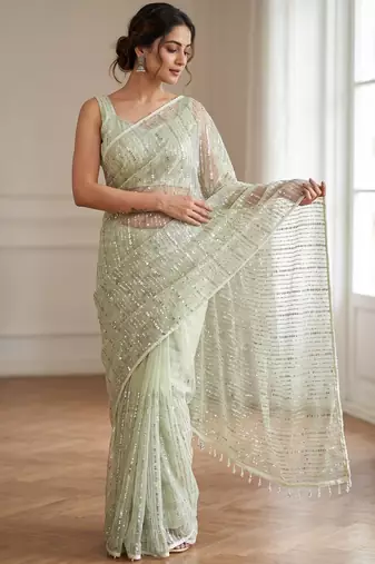 women's pistq net partywear saree with unstitched blouse