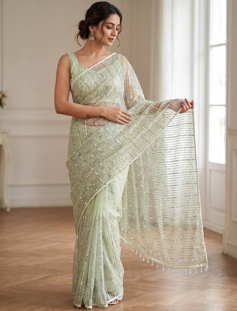 Women's pistq net partywear saree with unstitched blouse