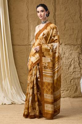 Mustard abstract print cotton silk regular saree 3