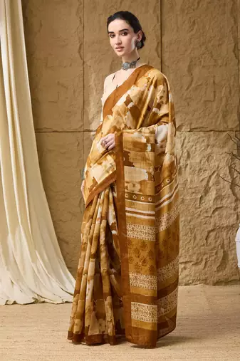 Mustard abstract print cotton silk regular saree
