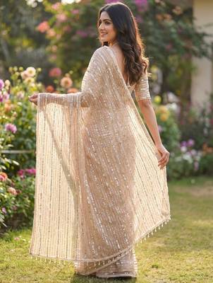 Women's rust net partywear saree with unstitched blouse 1