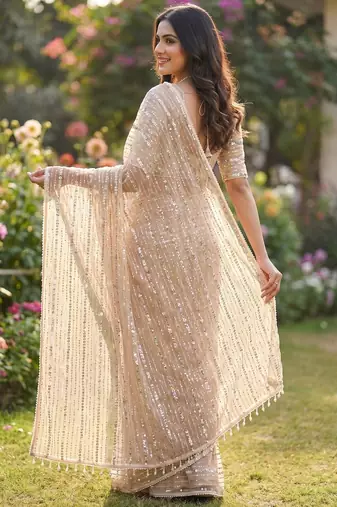 women's rust net partywear saree with unstitched blouse