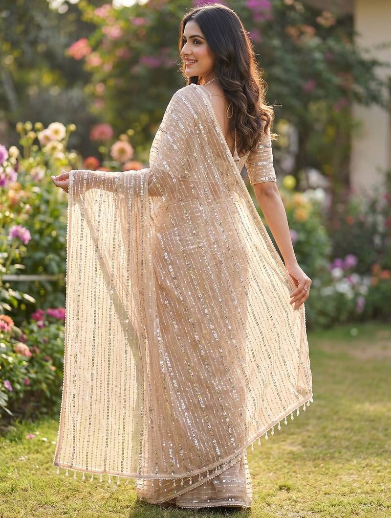 Women's rust net partywear saree with unstitched blouse