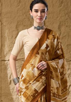 Mustard abstract print cotton silk regular saree 5