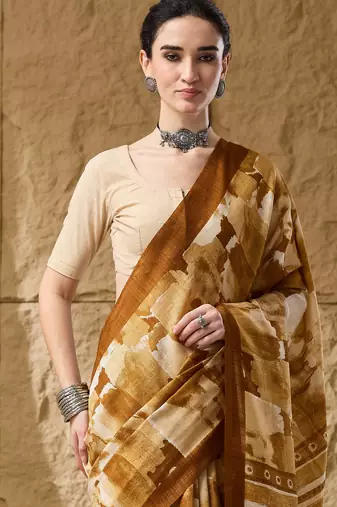 Mustard abstract print cotton silk regular saree