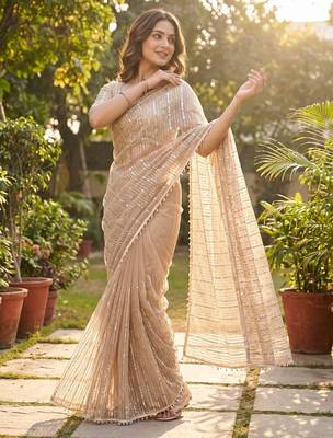 Women's rust net partywear saree with unstitched blouse 2
