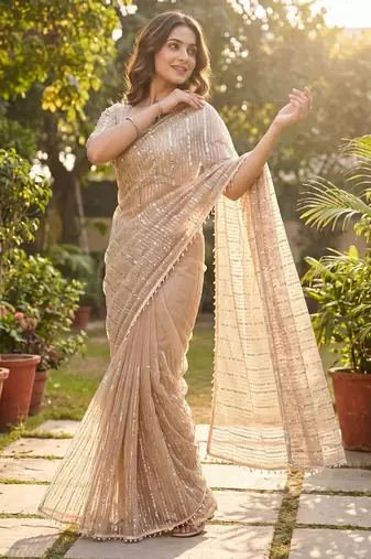 women's rust net partywear saree with unstitched blouse
