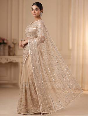 Women's rust net partywear saree with unstitched blouse 3