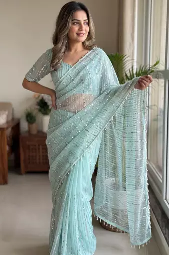 women's sky blue net partywear saree with unstitched blouse