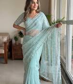 Women's sky blue net partywear saree with unstitched blouse