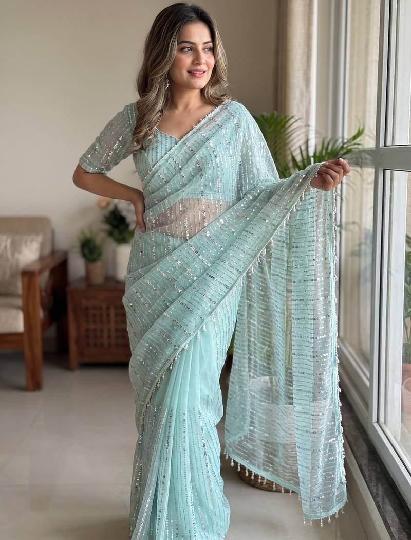 Women's sky blue net partywear saree with unstitched blouse
