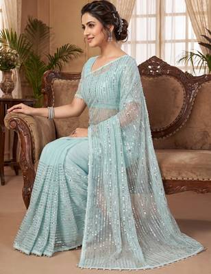 Women's sky blue net partywear saree with unstitched blouse 2