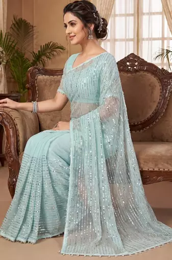 women's sky blue net partywear saree with unstitched blouse
