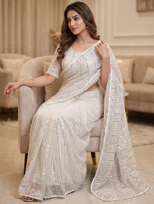 Women's white net partywear saree with unstitched blouse 1