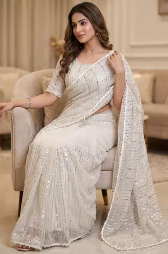 women's white net partywear saree with unstitched blouse