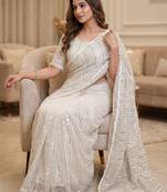 Women's white net partywear saree with unstitched blouse