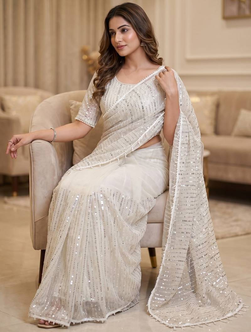 Women's white net partywear saree with unstitched blouse