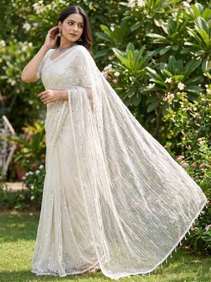 Women's white net partywear saree with unstitched blouse 2
