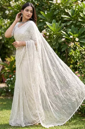women's white net partywear saree with unstitched blouse