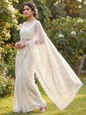Women's white net partywear saree with unstitched blouse 3